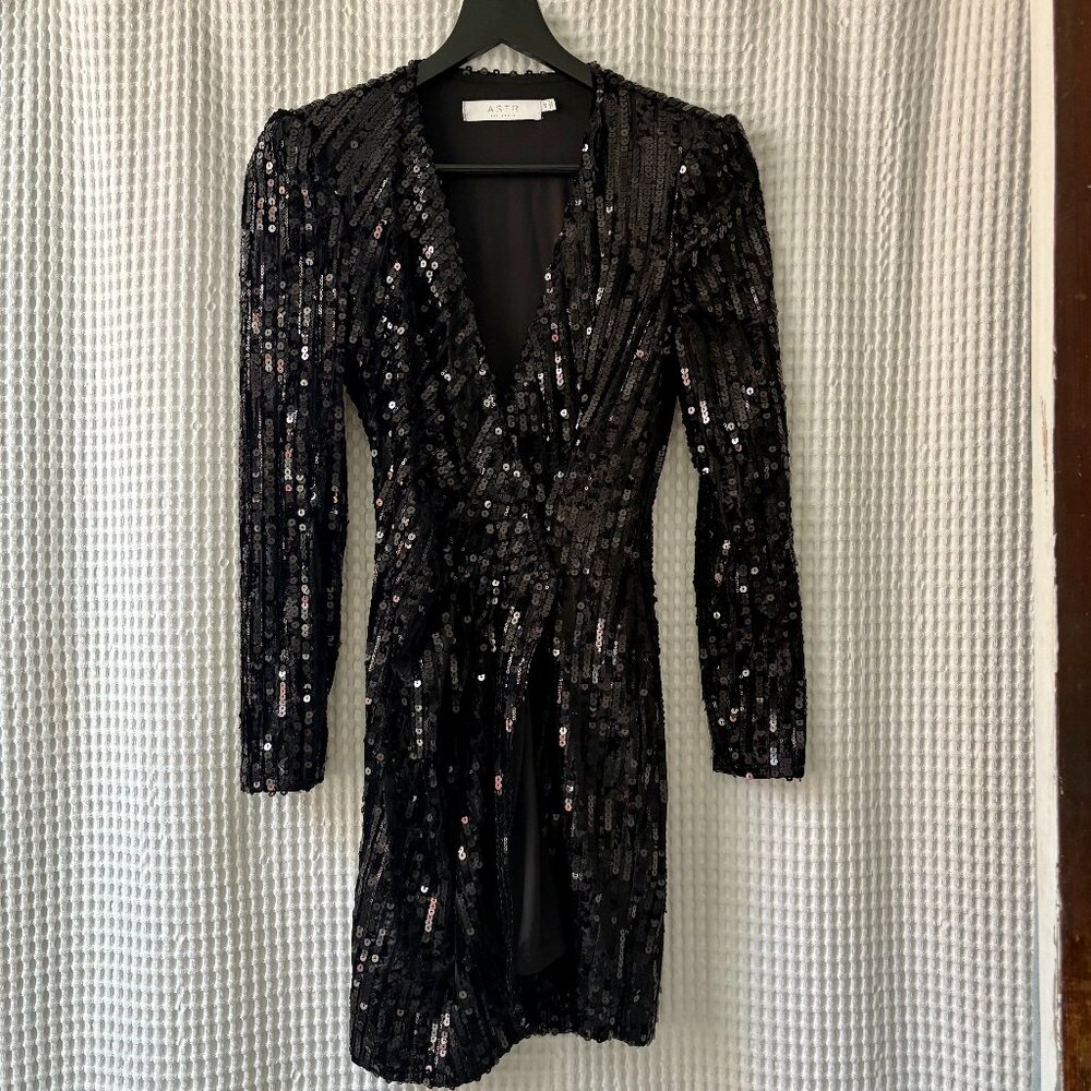 Astr the Label Paris black sequined V-neck disco party minidress women's XS